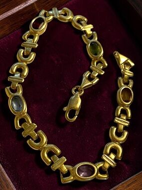 Estate 14K Yellow Gold 5mm Multi-Color Gemstone Unique Link 7” Bracelet BEAUTY!